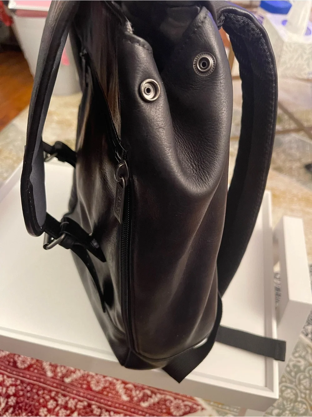 Kenneth Cole Black Leather Buckle-Front Backpack
